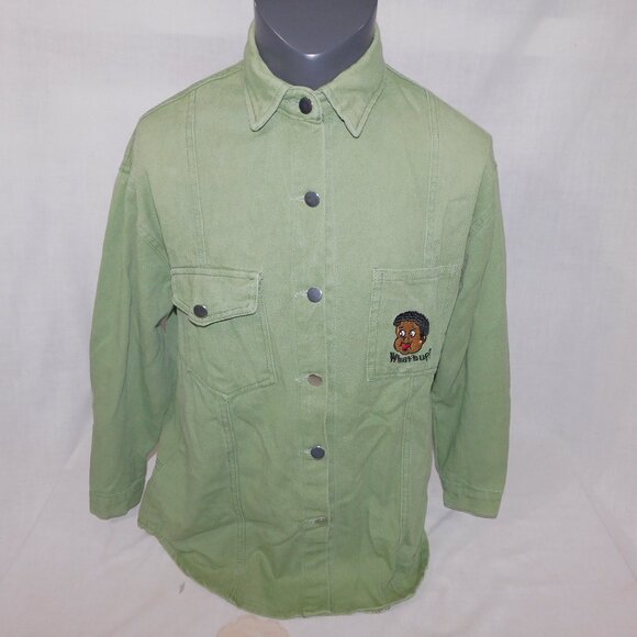 Mens L Green Denim Baby Fat Albert What's Up? Embroidered Long Sleeve Shirt - Picture 1 of 13
